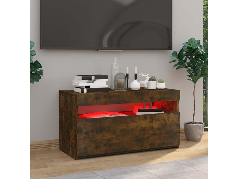  Meuble tv - banc tv - meuble de rangement avec lumières led chêne fumé 75x35x40 cm  - Conforama C