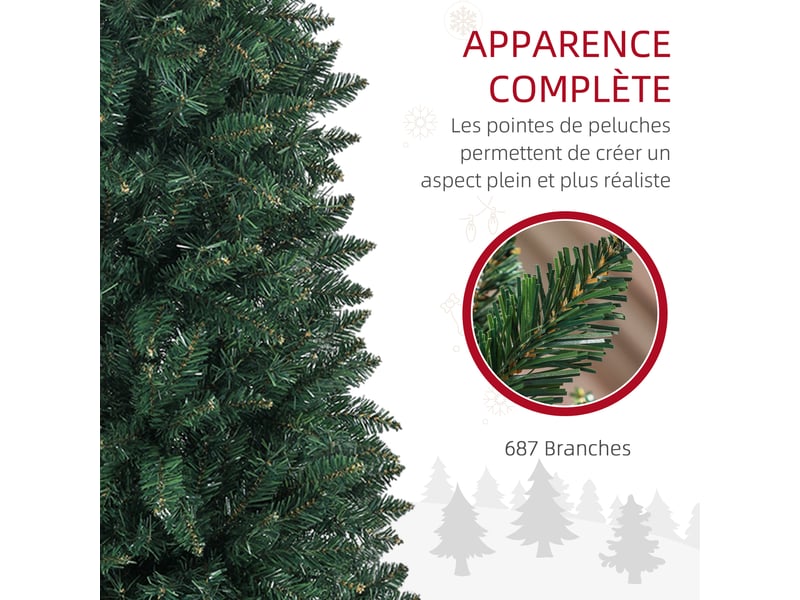  Sapin de noël artificiel 210 cm arbre de noël slim avec support en acier pliable, 687 branches épines vert  - Conforama E