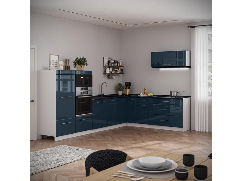Vicco cuisine en angle, bleu foncé brillantblanc, 327x60cm, pt marbre - Conforama C