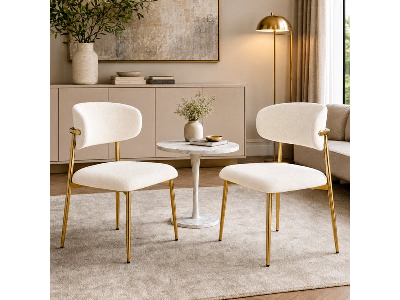  Lot de 6 chaises de salle à manger rembourrées blanches, dossier incurvé, pieds en métal doré, patins réglables, charge 125 kg, design moderne  - Conforama C