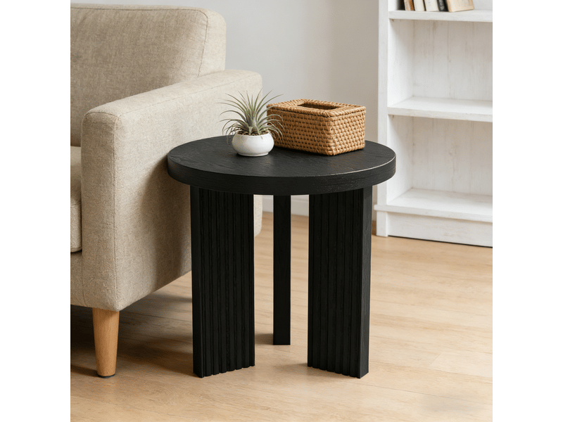  Table basse ronde avec plateau compact et piètement tripode rainuré, en mdf noir, pour salon, chambre et balcon  - Conforama C