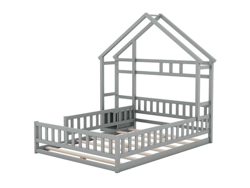  Lit cabane enfant 140x200, lit au sol avec barrière, lit gris avec table de chevet en bois massif pour chambre d'enfant.  - Conforama W