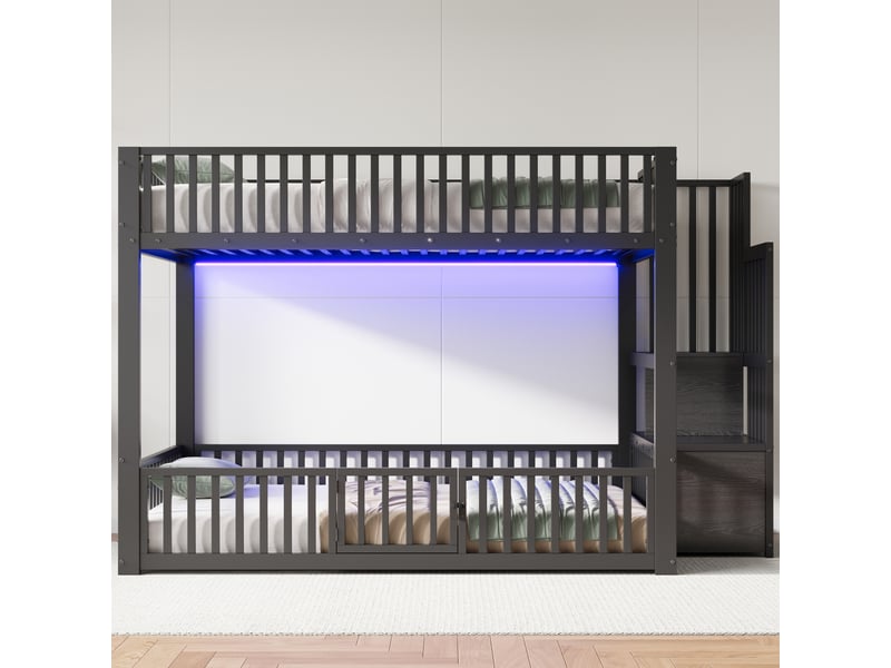  Lit superposé 140x200 cm avec sommier à lattes, lit double avec échelle de rangement, structure de lit avec éclairage led, noir  - Conforama D