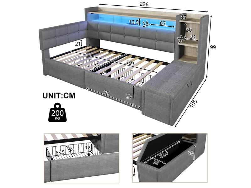  Lit simple 90x190 cm, 2 tiroirs, coffre, ports usb type-c et led, tissu en velours, couleur gris foncé, sans matelas  - Conforama C