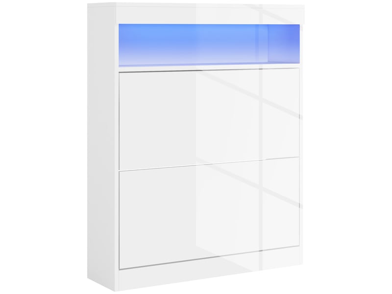  Meuble à chaussures avec éclairage led et 2 tiroirs abattants pour 12 à 16 paires de chaussures, 80 x 24 x 99,5 cm, blanc brillant  - Conforama A