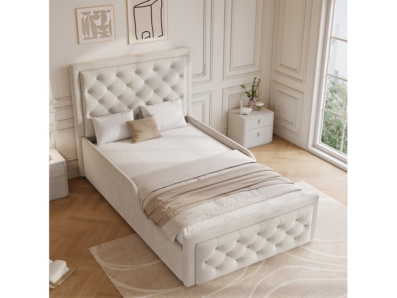  Modenvie lit enfant coffre 90x200 cm - avec rangement intégré, tête de lit capitonnée - beige  - Conforama E