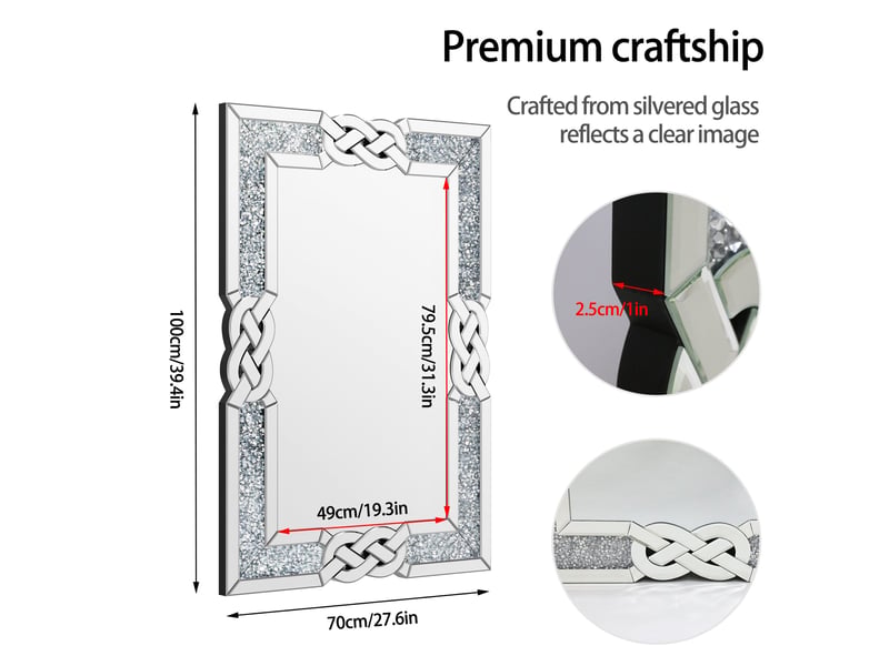 Lot De 6 Miroirs Muraux Diamant Suspendus – Chaîne Argentée, Cadre Métal, Décoration Murale Élégante Pour Salon, Entrée, Salle De Bain 27,4x17cm