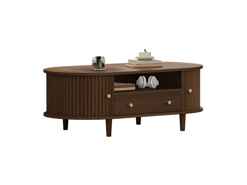 Table basse ovale avec 1 tiroir, niche ouverte et porte coulissante pour salon en mdf couleur bois de noyer  - Conforama A