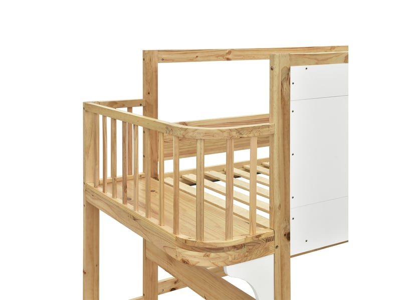 Lit mezzanine enfant 90x200 cm – blanc et naturel – escalier de rangement et espace de jeu intégré - Conforama E