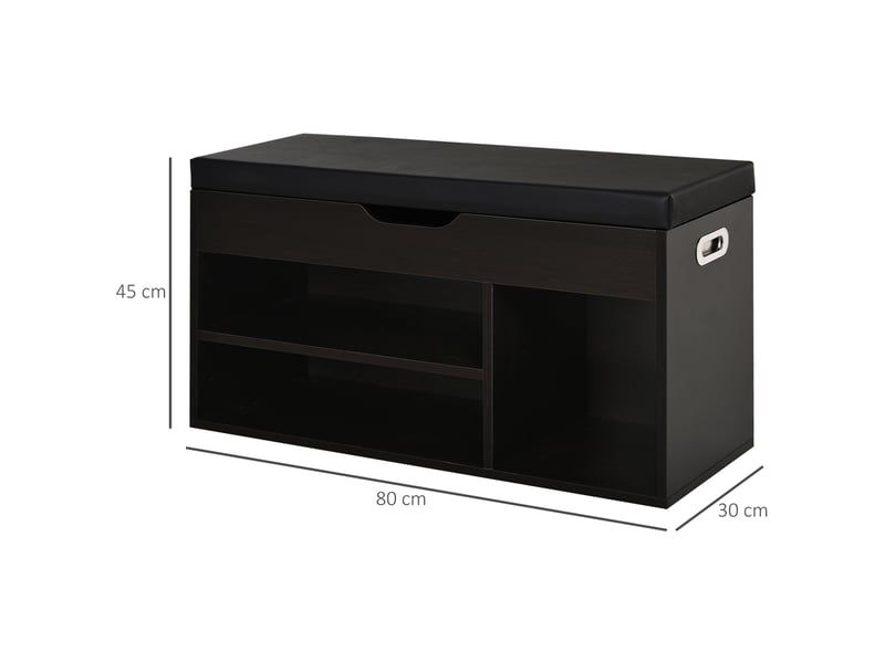  Meuble à chaussures d'entrée rembourré, gain de place, avec 3 compartiments, assise en similicuir, pour salon et couloir, 80 x 30 x 43 cm, noir  - Conforama E