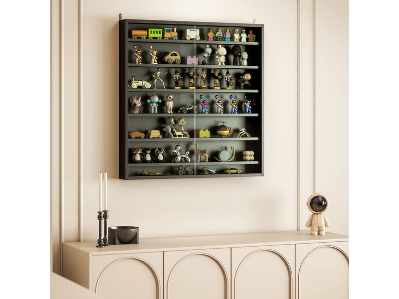  Tableau d'affichage en bois à 6 niveaux réglable avec portes vitrées, 80 x 9,5 x 83 cm, noir  - Conforama C