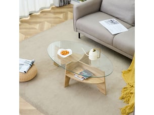 Table basse ovale avec étagère et plateau en verre securit, en mdf et verre, transparent et bois clair - uvrion