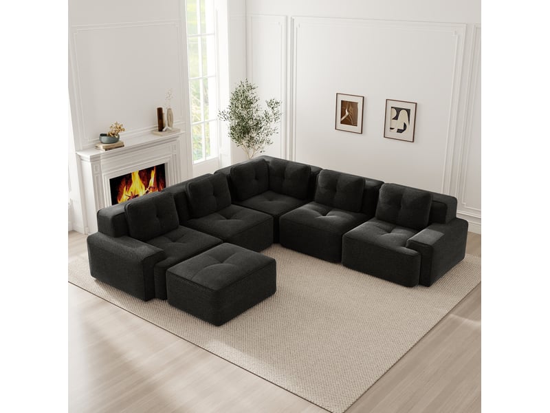  Canapé d'angle modulaire modenvie 5 places en velours côtelé noir, 295 x 295 x 69 cm, assise profonde 74 cm, mousse haute densité 32d, sans montage  - Conforama B