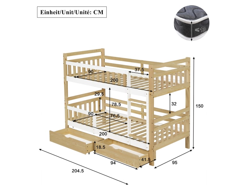 Lit superposé enfant 90x200 cm séparable en 2 lits, blanc et naturel - Conforama C