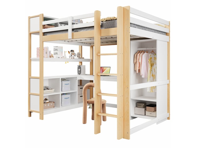  Lit mezzanine 140x200 cm avec bureau, étagères et armoire, blanc et naturel  - Conforama A