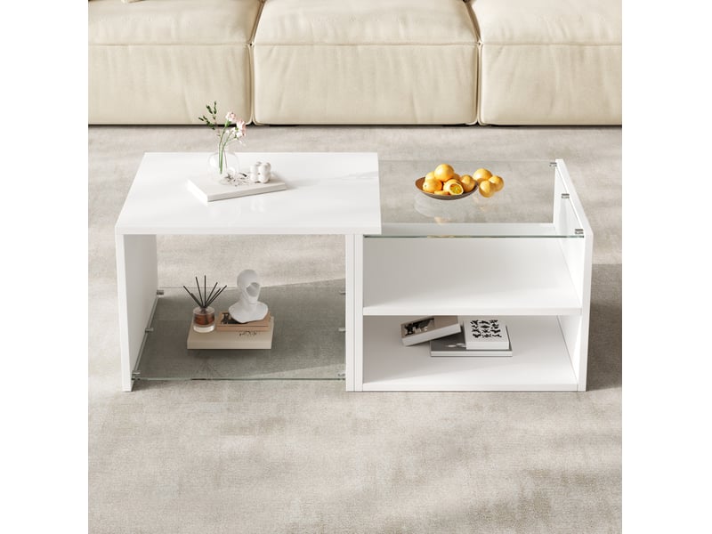  Table basse 100x50x38 cm en panneau de particules et verre avec led et rangements ouverts blanche chicfurn  - Conforama C