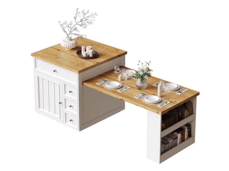  Îlot de cuisine extensible sur roulettes 120-184cm, desserte chariot avec tiroirs et plateau aspect bois, meuble de rangement, blanc  - Conforama A