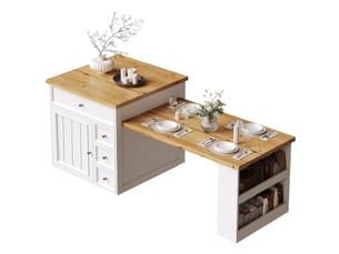 Îlot de cuisine extensible sur roulettes 120-184cm, desserte chariot avec tiroirs et plateau aspect bois, meuble de rangement, blanc