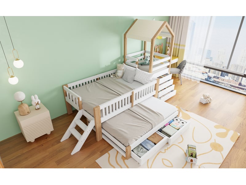  Lit enfant 90x200 avec lit gigogne 90x190 structure bois massif blanc et bois naturel avec tiroirs et escalier Sol Morn - Conforama B