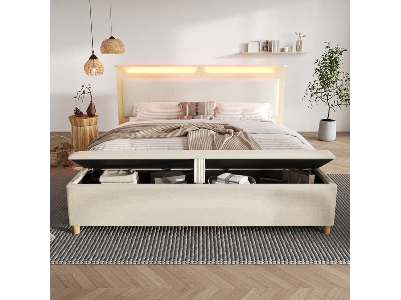  Lit double 160x200 cm avec banc de lit, tête de lit avec rangement, led, beige et chêne clair  - Conforama C