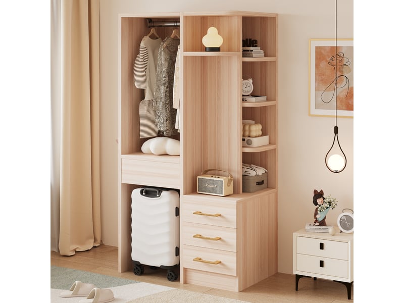  Armoire penderie enfant 70x45x135 cm - 3 tiroirs - penderie ouverte - étagères ouvertes - bois et bois reconstitué - bois naturel  - Conforama E
