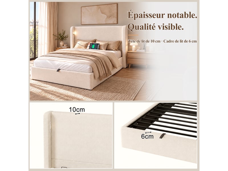  Lit enfant coffre 90 x 200 cm avec led, usbtype-c, sommier à lattes, bouclé beige  - Conforama W