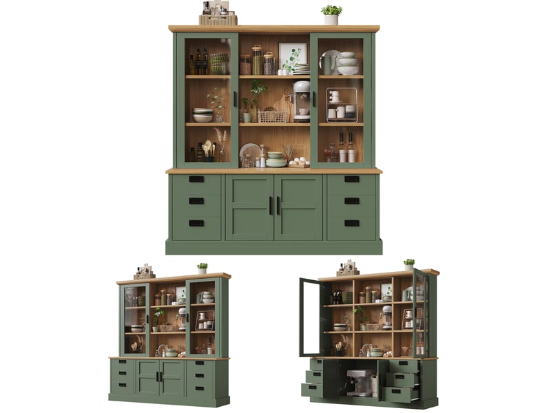  Buffet haut 140x40x185 cm vaisselier haut 2 portes vitrées, 6 tiroirs, 2 portes basses, étagères réglables, mdfmétal, vert foncé et effet bois  - Conforama A