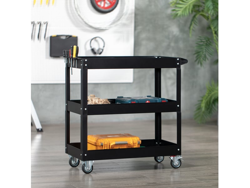 Chariot d'atelier 83 x 35,3 x 76 cm noir en acier, 3 étagères sur roulettes avec poignée latérale - Conforama B