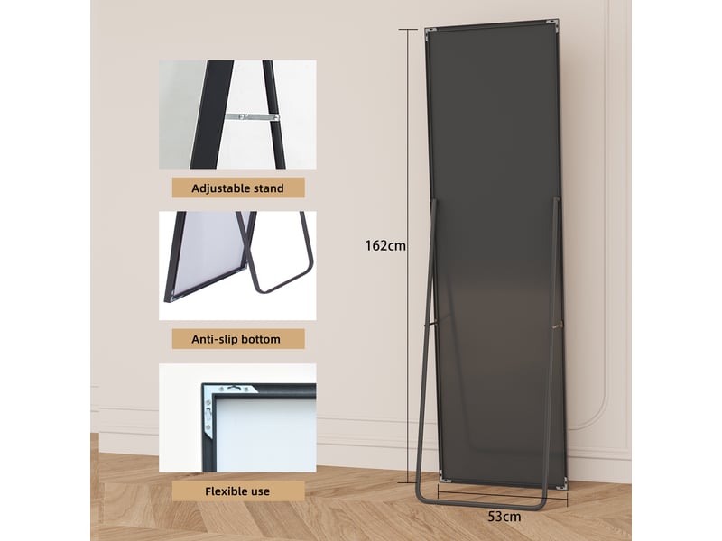 Miroir sur pied pleine longueur rectangulaire - 162x53cm - psyché cadre alliage d'aluminium &amp; verre trempé - noir  - Conforama E
