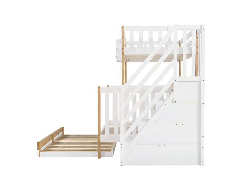  Lit superposé 90x200 et 120x200 cm - bois blanc et naturel, escalier, tiroirs et sécurité enfant  - Conforama E
