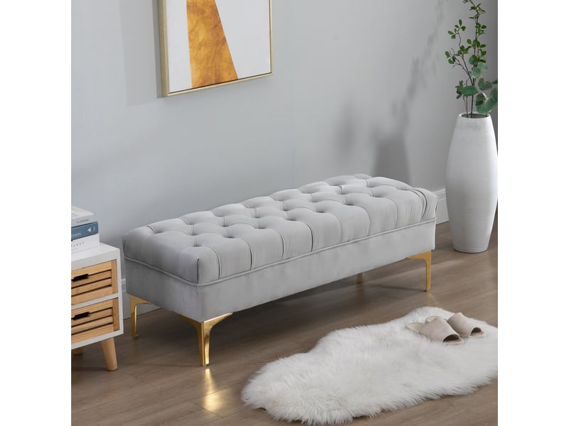  Banc capitonné avec assise en velours et piètement en métal doré, 118 x 45 x 42 cm, gris  - Conforama C