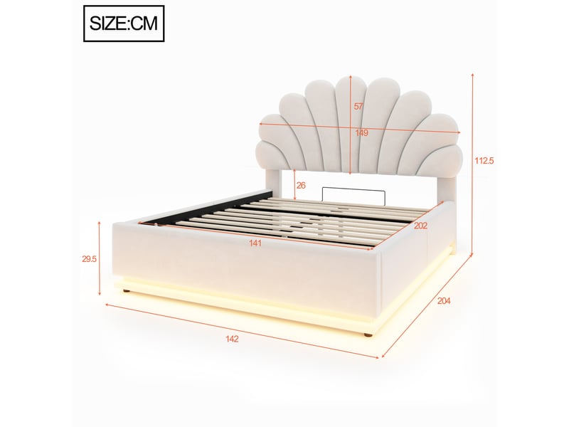  Lit coffre rembourré 140x200 cm avec tête de lit en forme de fleur, rangement hydraulique, éclairage led, cadre en métal, velours,  beige  - Conforama E