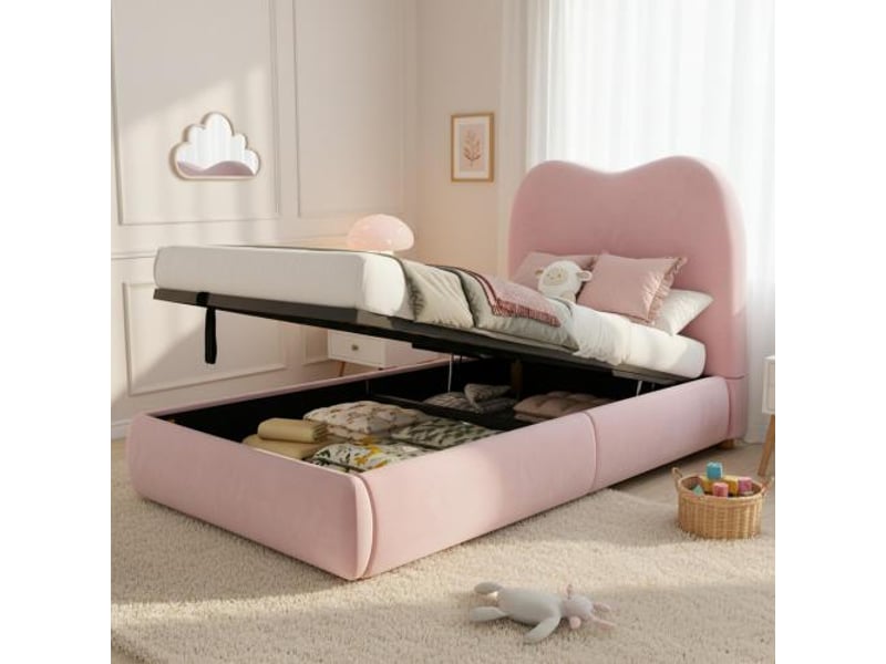 Lit capitonné, 90×200 cm, simple, hydraulique, sommier + tête de lit + grand rangement, velours, rose  - Conforama D