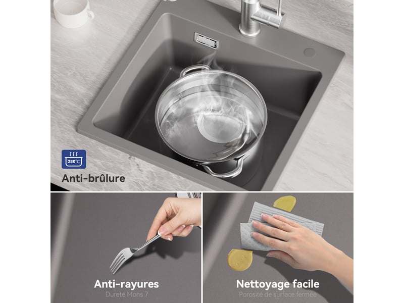  Cecipa max évier de cuisine - évier en granit gris 45×45 cm - évier - évier de cuisine à poser  - Conforama D