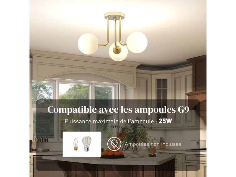  Plafonnier led 25w, luminaire plafonnier 3 lumières avec douilles g9, abat-jour globe, 42 x 42 x 26,5 cm, doré  - Conforama E