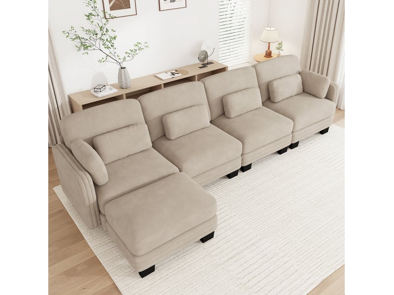 Canapé d’angle modulaire modenvie 4 places en chenille café clair avec 1 pouf et coussins mobiles 330 x 143 x 88 cm - Conforama B