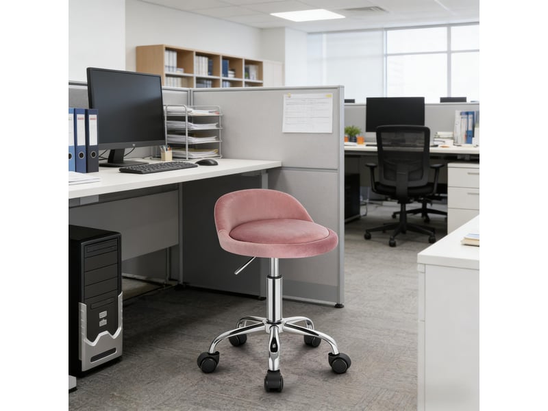  Tabouret de bureau pivotant avec hauteur réglable et dossier bas - lpospi - roulettes silencieuses, velours rose  - Conforama B