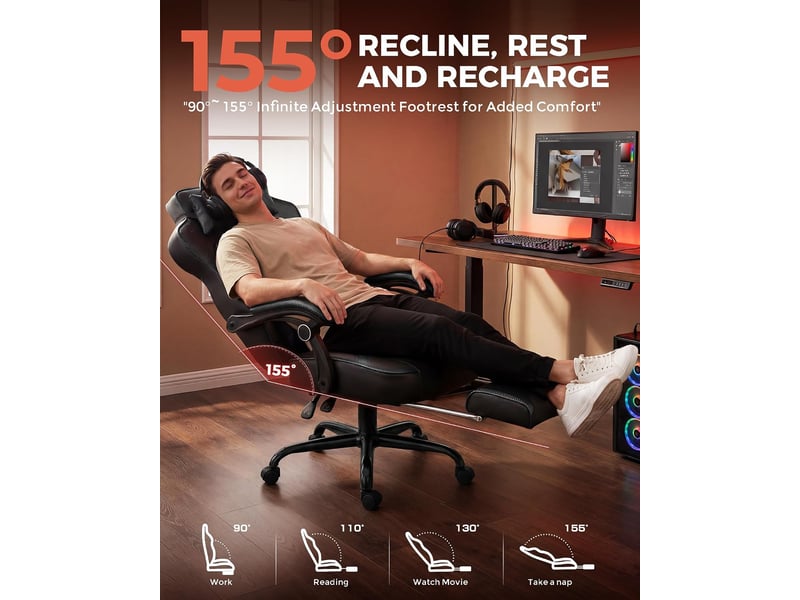  Gtplayer chaise de jeu avec repose-pieds, 180kg, soutien lombaire, appui-tête réglable, inclinable à 155° - noir F59-BLK-TJ - Conforama D