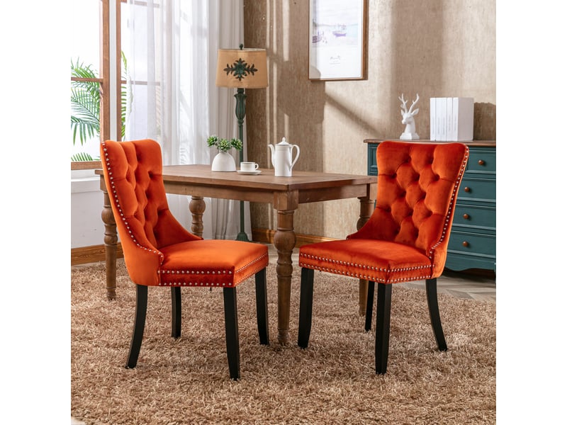  Lot de 2 chaises velours orange capitonnées, pieds en bois cloutés, style contemporain  - Conforama B
