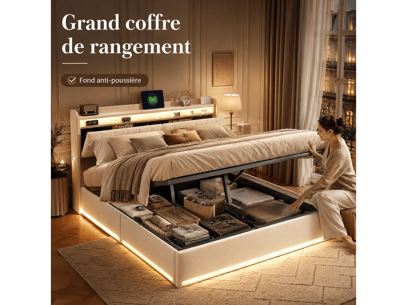  Lit coffre hydraulique 160x200cm avec led et usb tpye c, lit double rembourrée avec sommier, lit capitonné 2 personnes, rangement de chevet, tête de lit avec étagère ouvertes, poches latérales, cadre de lit, beige, gris, chambre…  - Conforama D