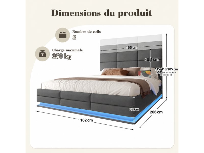  Lit coffre 160x200 en velours gris, tête de lit réglable, éclairage led, ports usb et usb-c, rangement hydraulique  - Conforama C