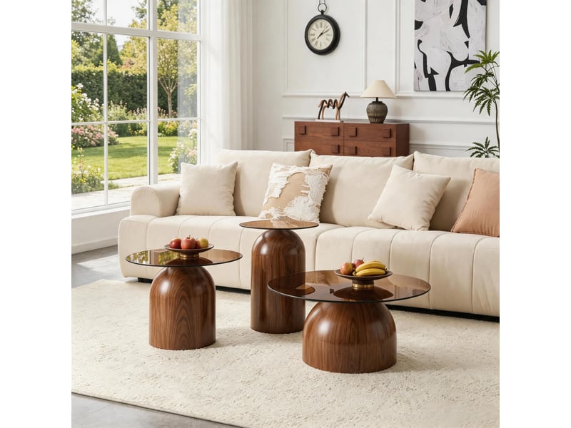  Lot de 3 tables basses brun en verre trempé et acier carboné, piétement demi-sphère  - Conforama C
