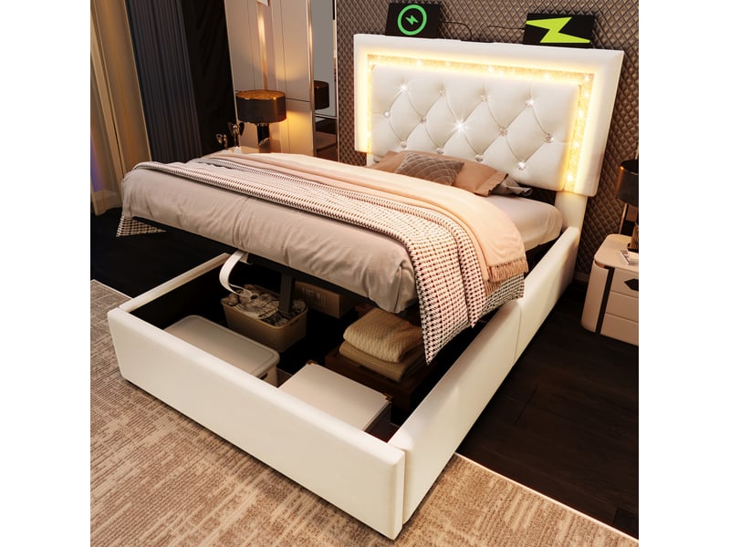 Lit coffre 90x200 cm led tête diamant, ports usb et usb‑c, design moderne, velours beige capitonné, sans matelas - Conforama R