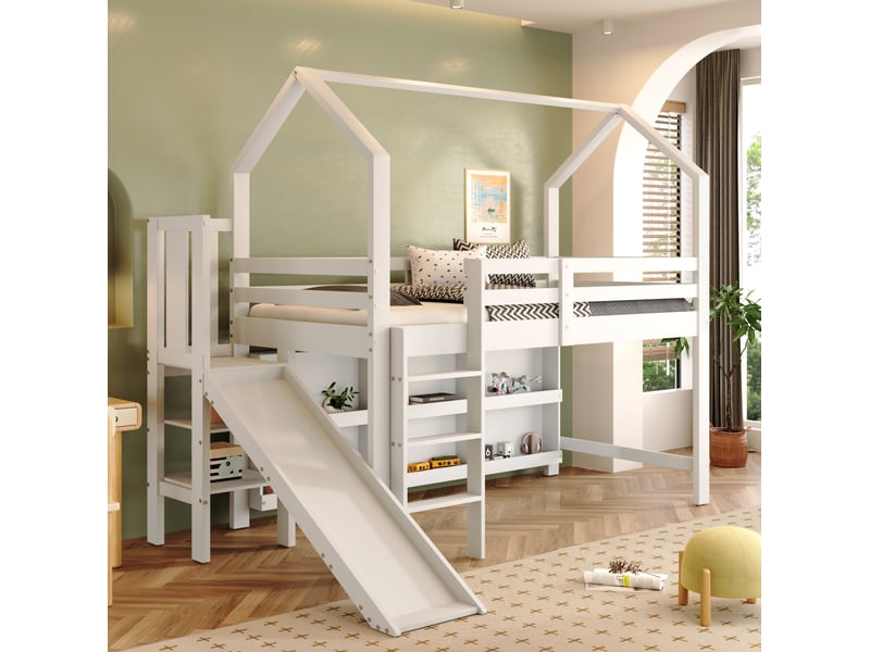 Lit enfant cabane 90x200 cm, toboggan, escalier, rangements, sommier à lattes, bois et mdf blanc, sans matelas  - Conforama D