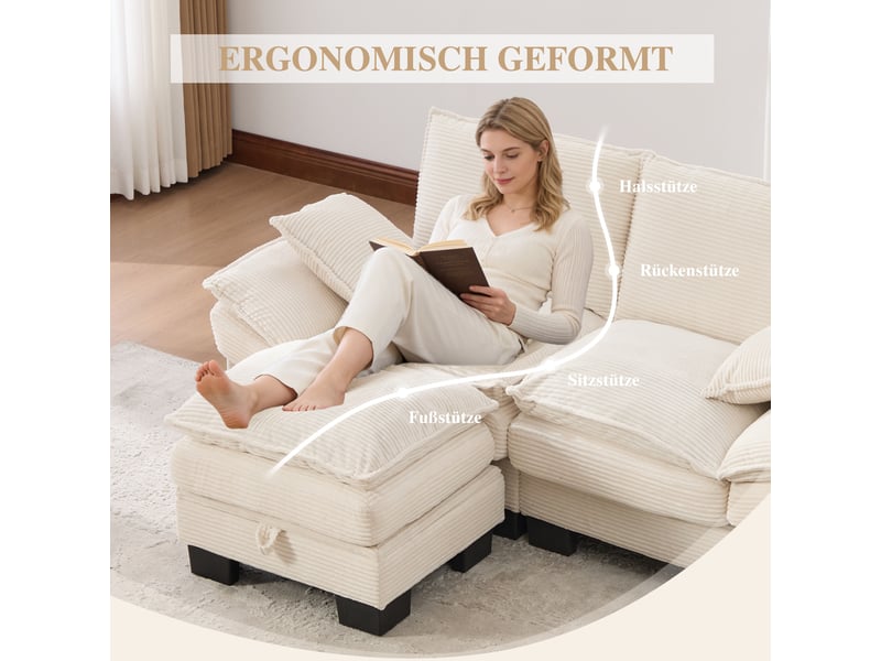  Canapé modulable, canapé 2 places – en velours tricoté, poches latérales, beige, mousse haute densité, port usb, avec pouf  - Conforama W