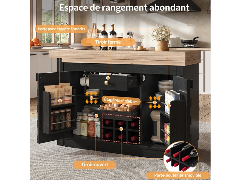  Desserte de cuisine pivotante avec 2 portes, tiroir, étagères réglables et casier à vin, noir, 120-197 × 40 × 74,2 cm  - Conforama E