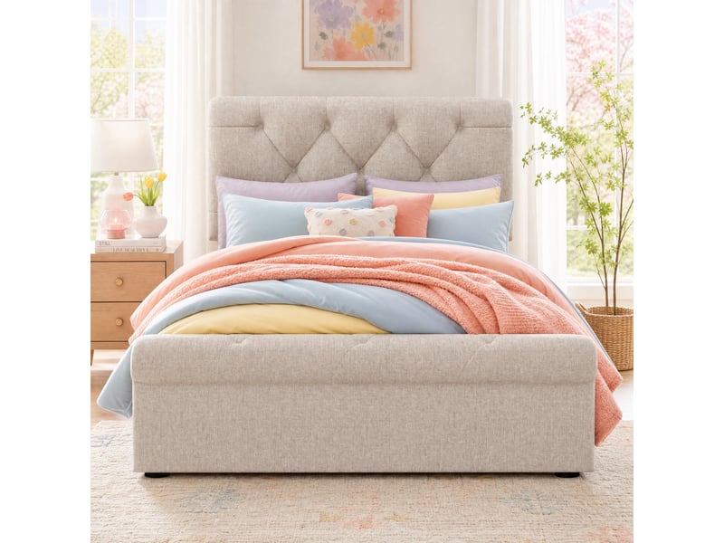 Lit avec tiroirs 90x200 cm, lit simple rembourré avec 2 tiroirs et tête réglable, sans matelas, naturel - Conforama B