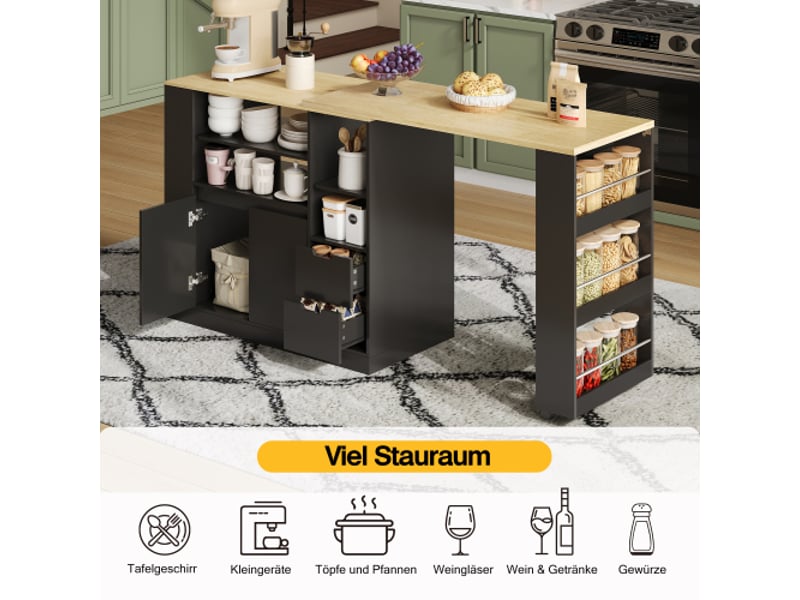  Îlot de cuisine extensible 115 cm noir, plan pivotant, rangement étagères 3 côtés et 2 tiroirs, table en bois, bar à café maison  - Conforama C
