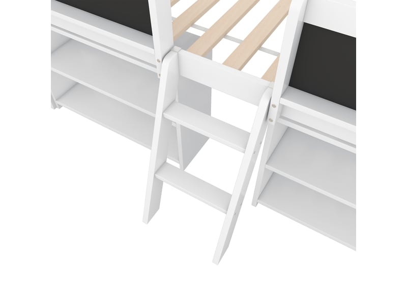  Lit enfant 90x200 cm, avec étagères de rangement et tableau ardoise, en bois, blanc, sans matelas  - Conforama E