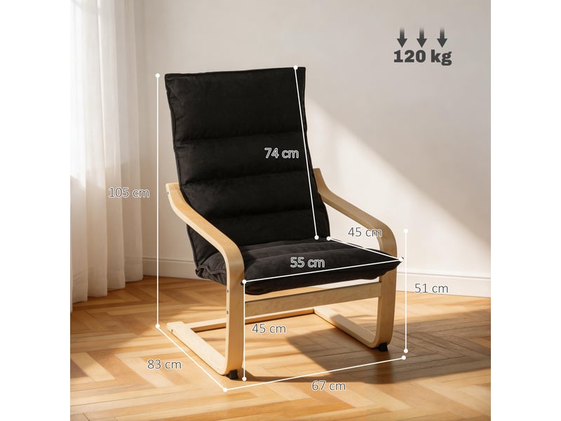  Fauteuil salon, fauteuil de loisirs moderne, fauteuil chambre avec accoudoirs incurvés, 67 x 83 x 105 cm, coussins, noir  - Conforama C